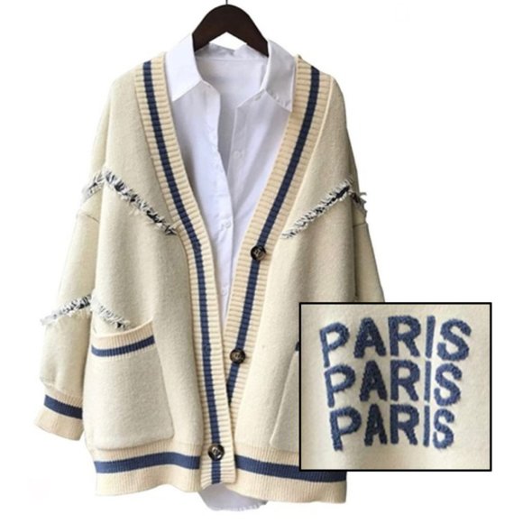 D.B.M Sweaters - Paris Contrast Stripe Fringe Cardigan Sweater OS